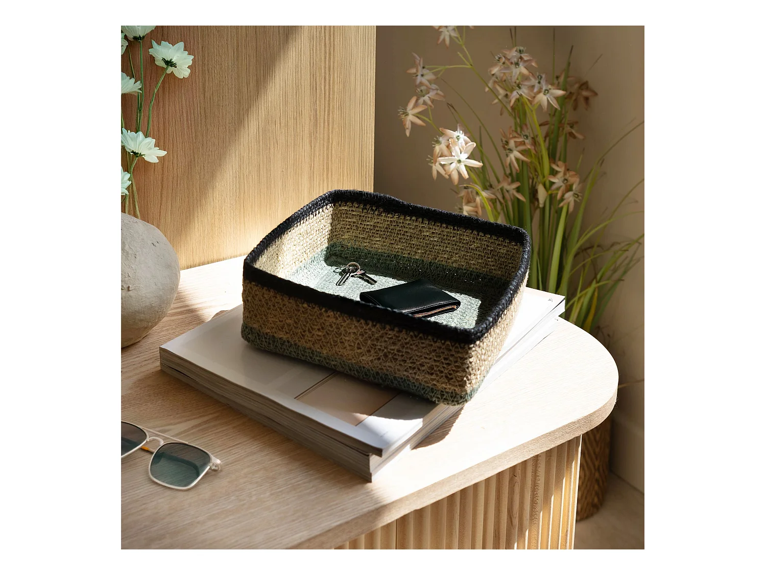 No Name - Panier Carre  20x20cm En Jonc De Mer Naturel Et Vert Dune