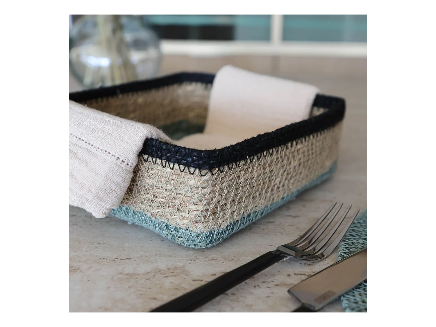 No Name - Panier Carre  20x20cm En Jonc De Mer Naturel Et Vert Dune