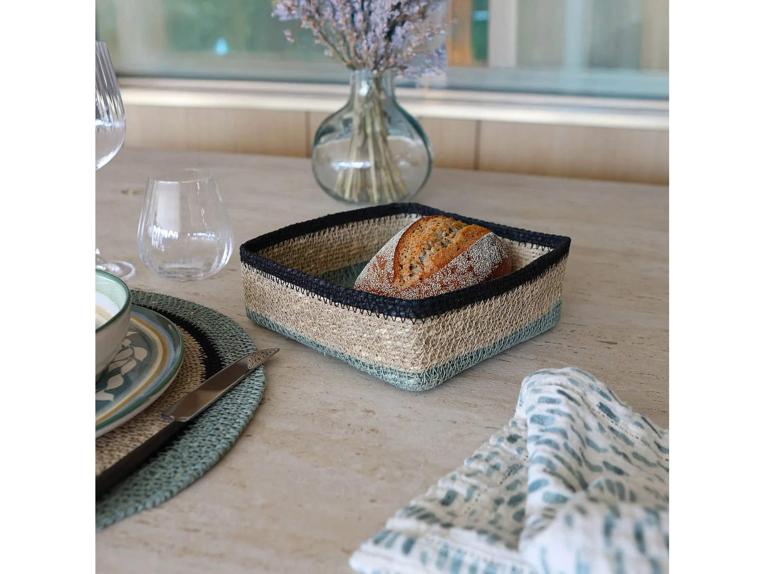 No Name - Panier Carre  20x20cm En Jonc De Mer Naturel Et Vert Dune