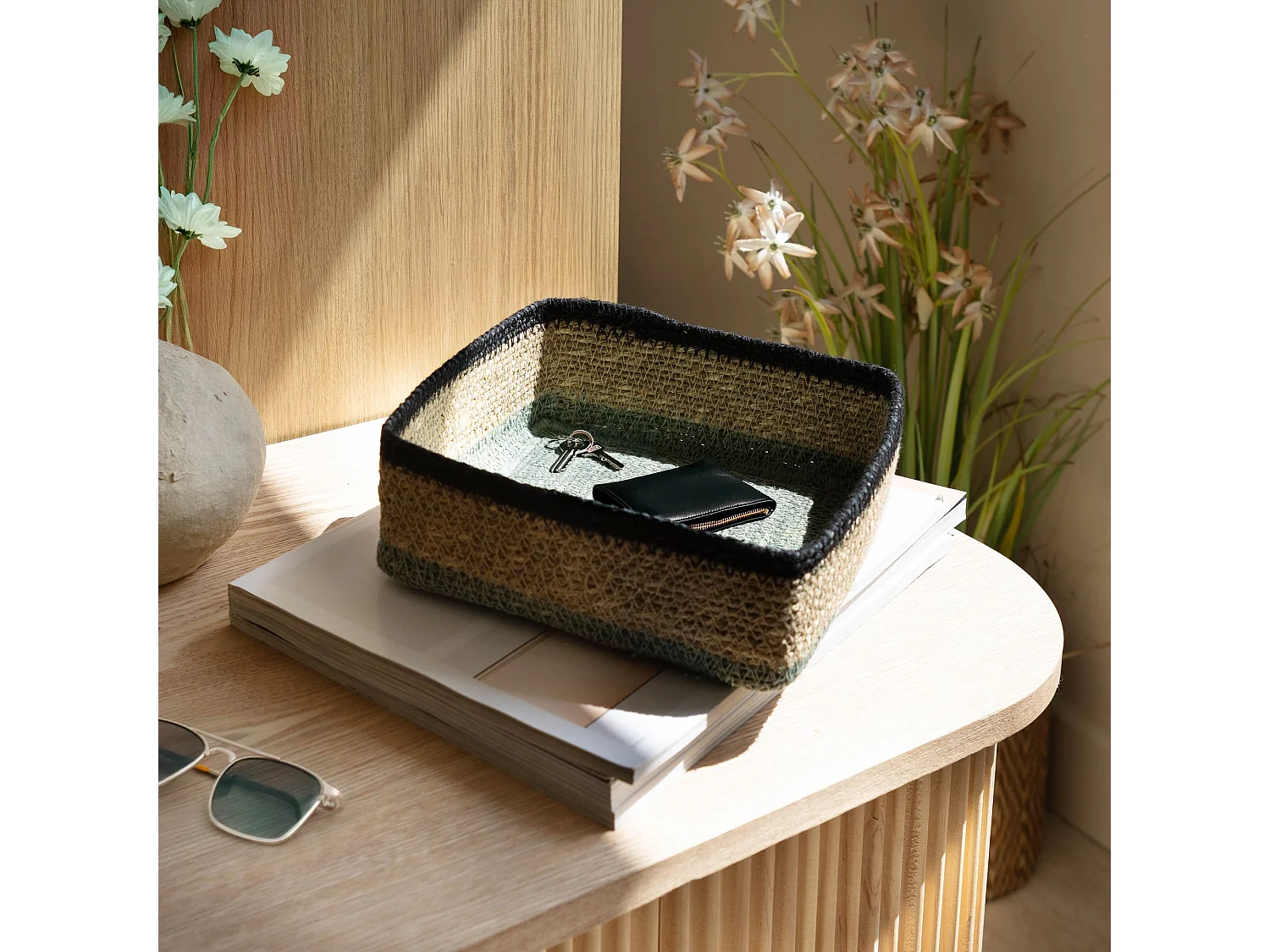 No Name - Panier Carre  20x20cm En Jonc De Mer Naturel Et Vert Dune