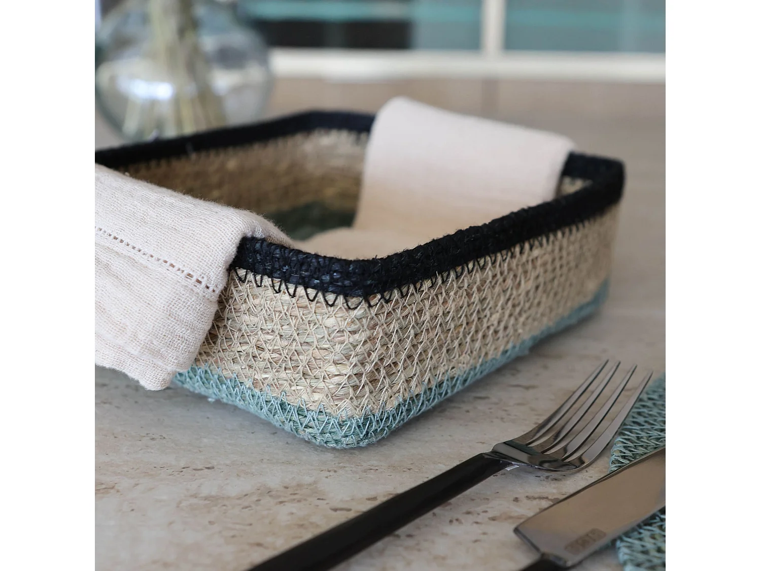 No Name - Panier Carre  20x20cm En Jonc De Mer Naturel Et Vert Dune