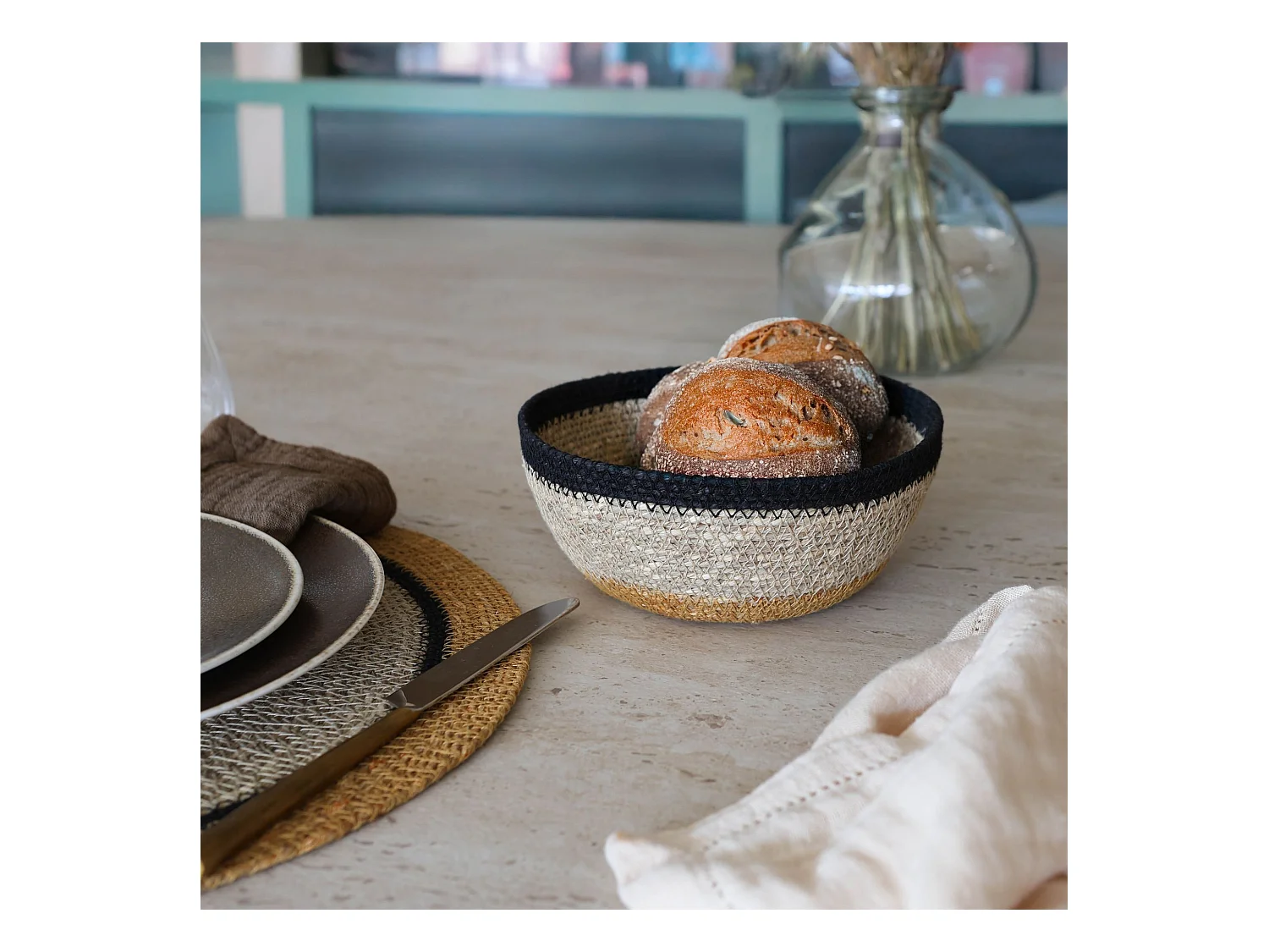 No Name - Panier Rond D18cm En Jonc De Mer Naturel Et Liseret Noir Dune