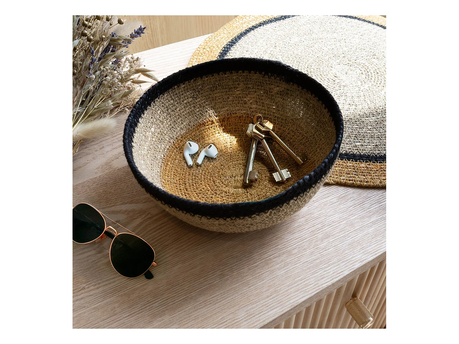 No Name - Panier Rond D18cm En Jonc De Mer Naturel Et Liseret Noir Dune