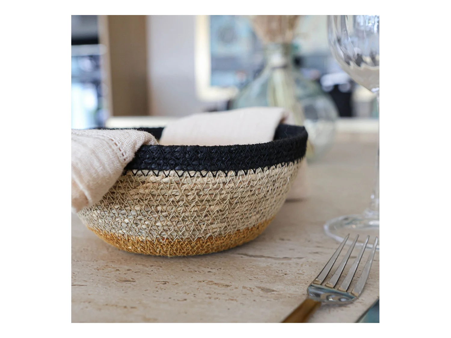 No Name - Panier Rond D18cm En Jonc De Mer Naturel Et Liseret Noir Dune