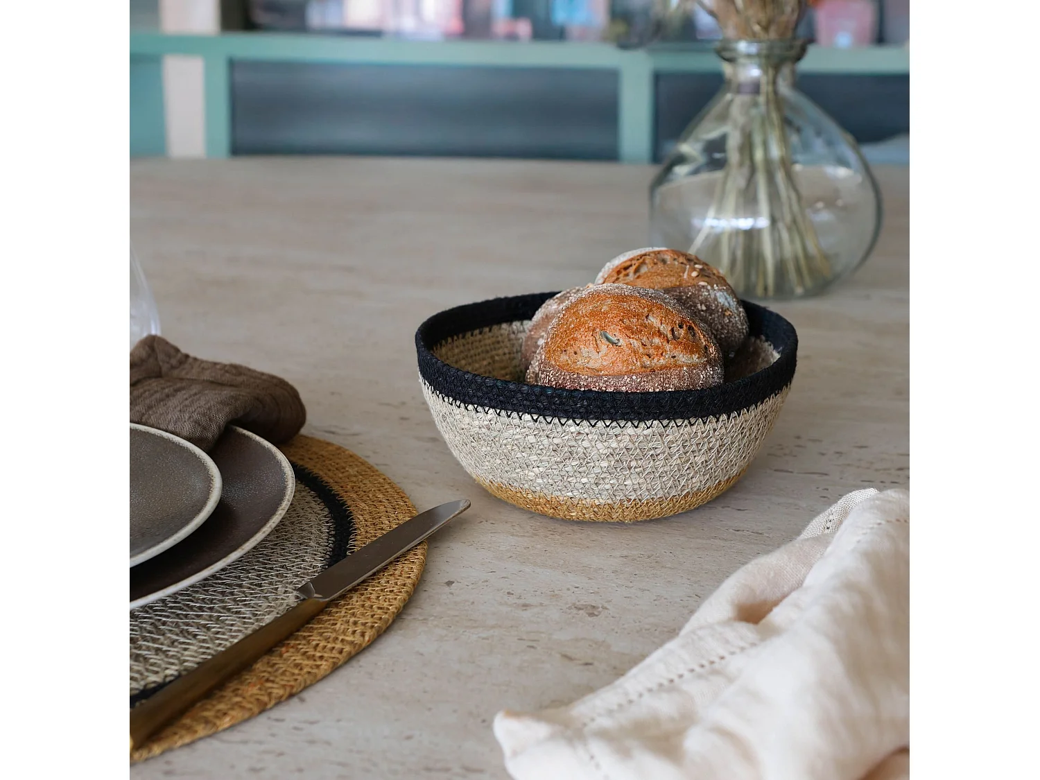 No Name - Panier Rond D18cm En Jonc De Mer Naturel Et Liseret Noir Dune