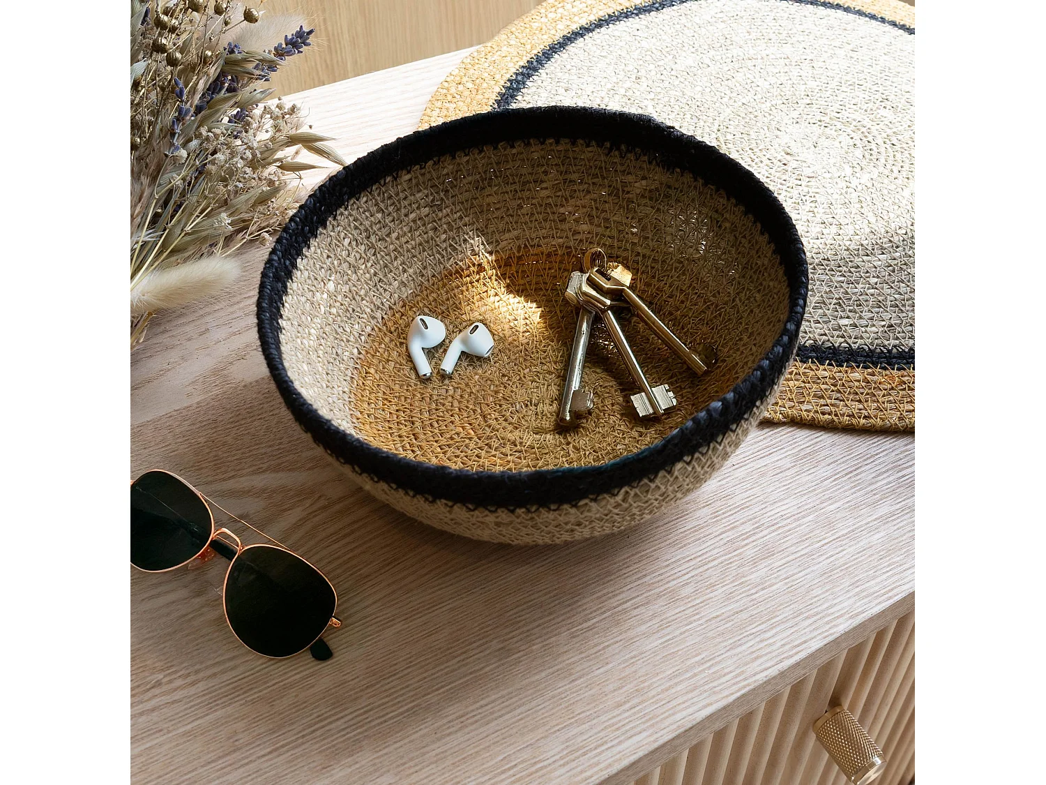 No Name - Panier Rond D18cm En Jonc De Mer Naturel Et Liseret Noir Dune