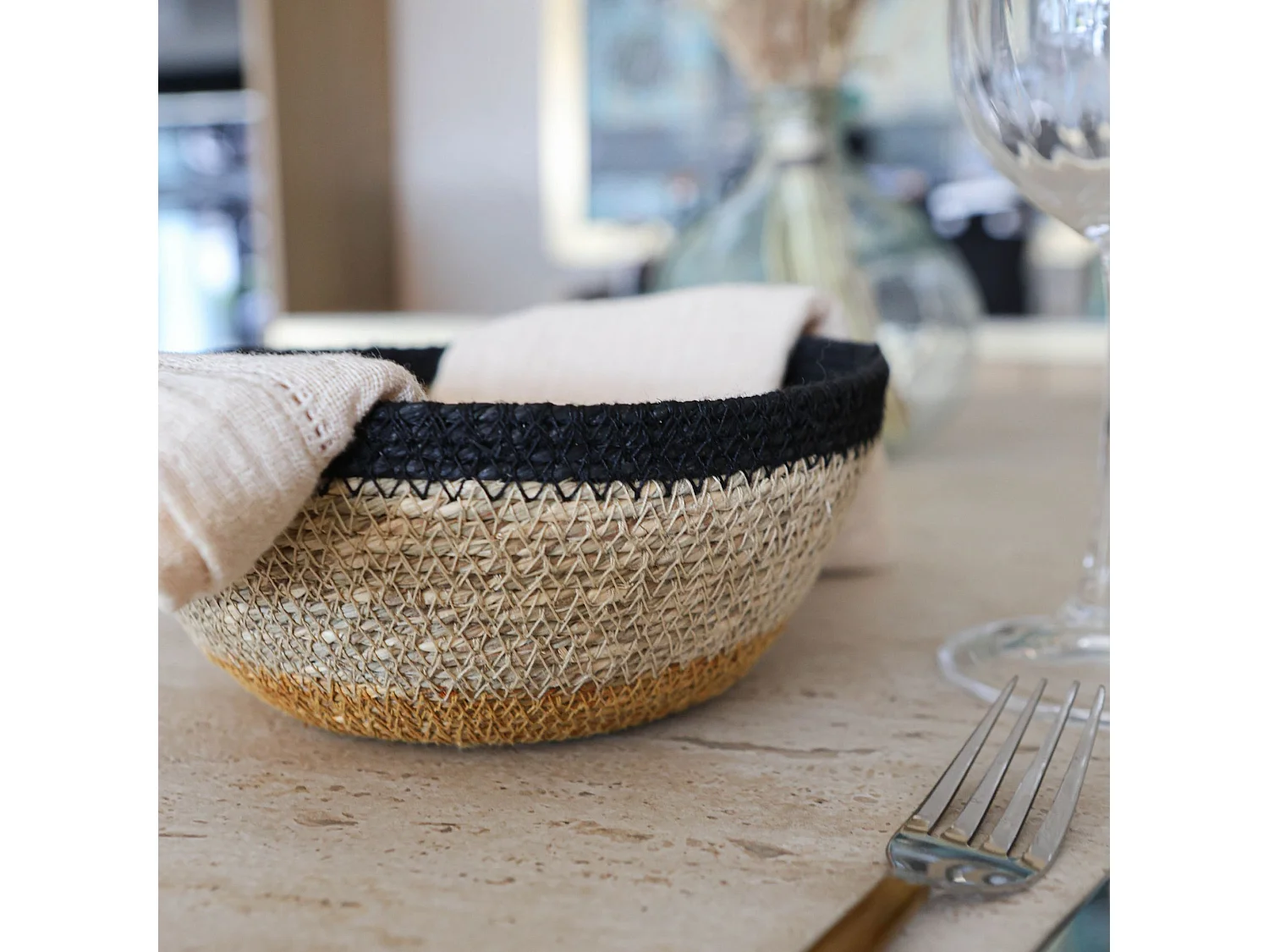 No Name - Panier Rond D18cm En Jonc De Mer Naturel Et Liseret Noir Dune