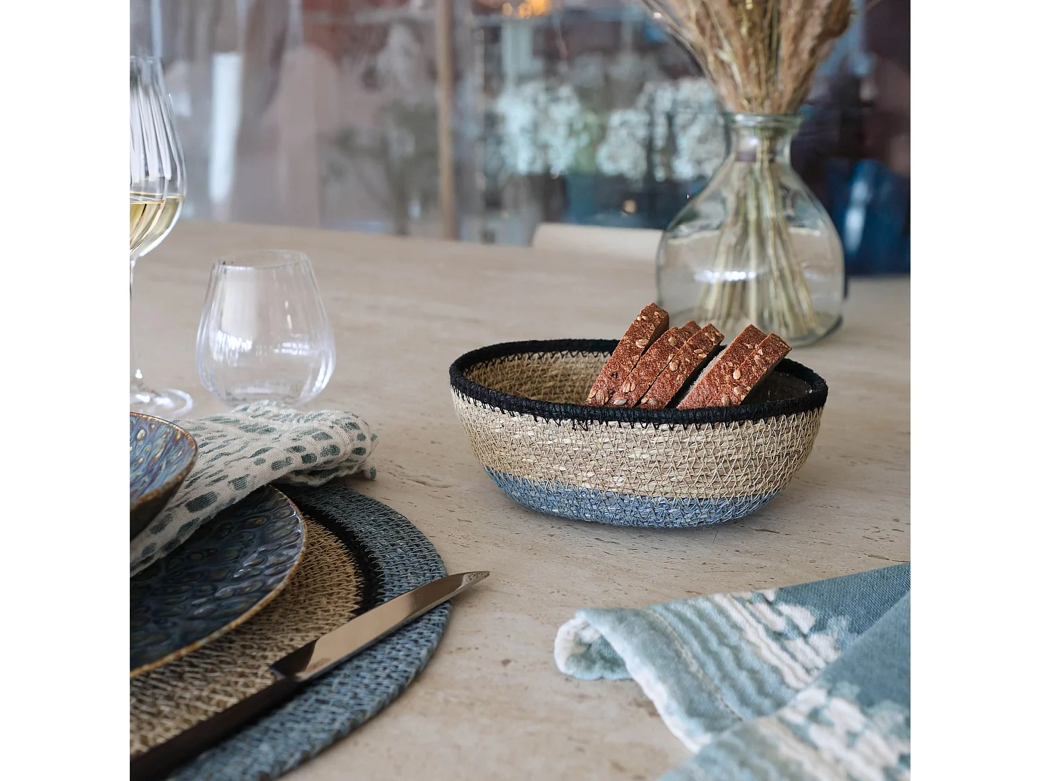 No Name - Panier Ovale En Jonc De Mer Diam 20x14xht7cm Naturel Et Bleu Dune