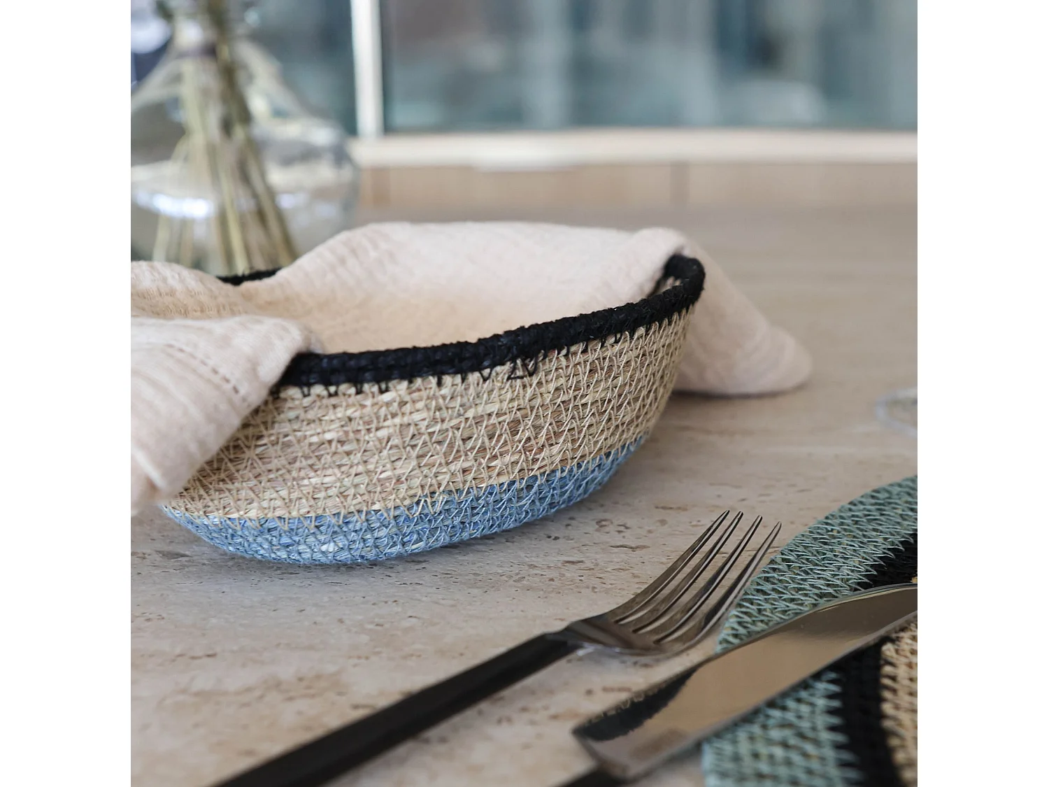 No Name - Panier Ovale En Jonc De Mer Diam 20x14xht7cm Naturel Et Bleu Dune