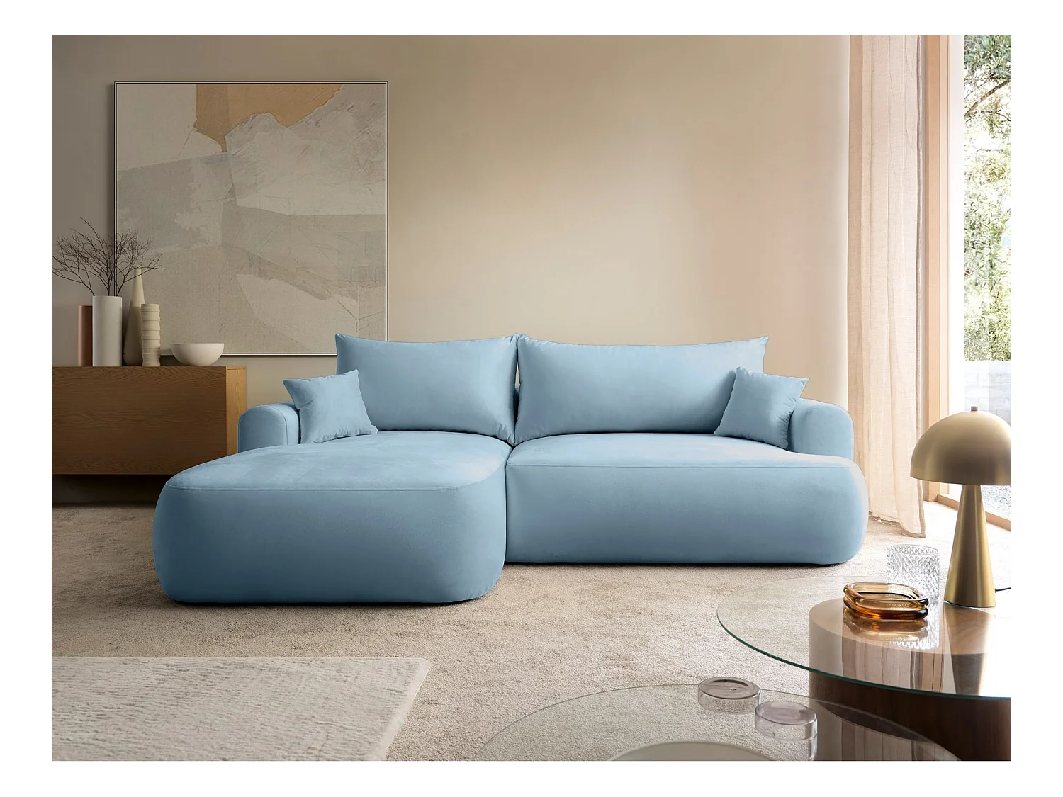 Canapé d'angle convertible -velours bleu- côté gauche - OVO L