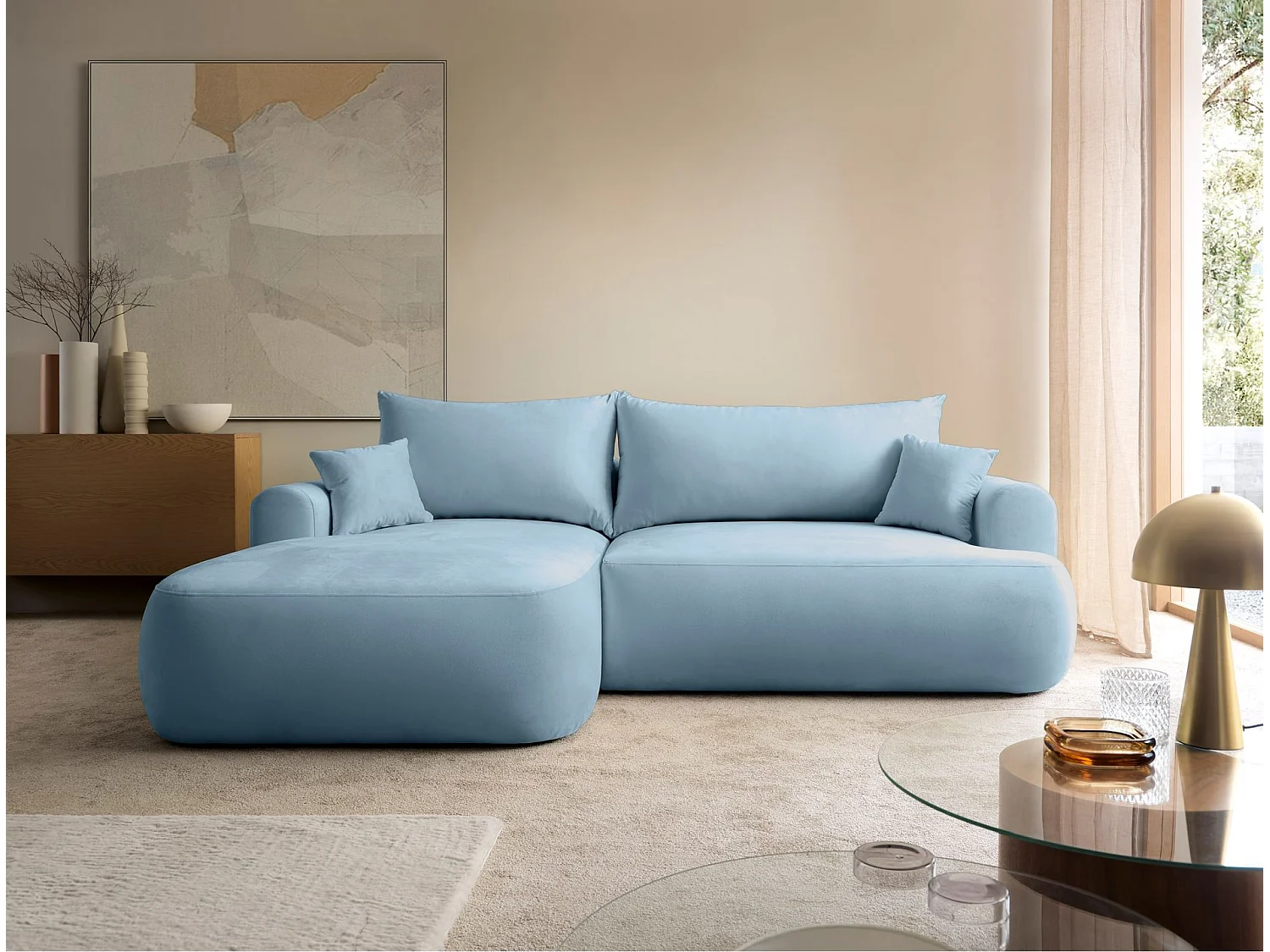 Ecksofa mit Schlaffunktion, Stauraum und Samtbezug - hellblau - links - OVO