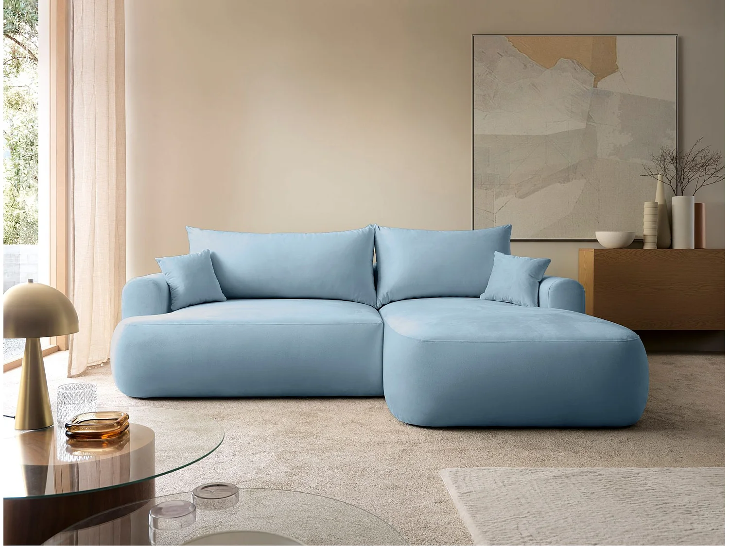 Canapé d'angle convertible -velours bleu- côté droit - OVO L