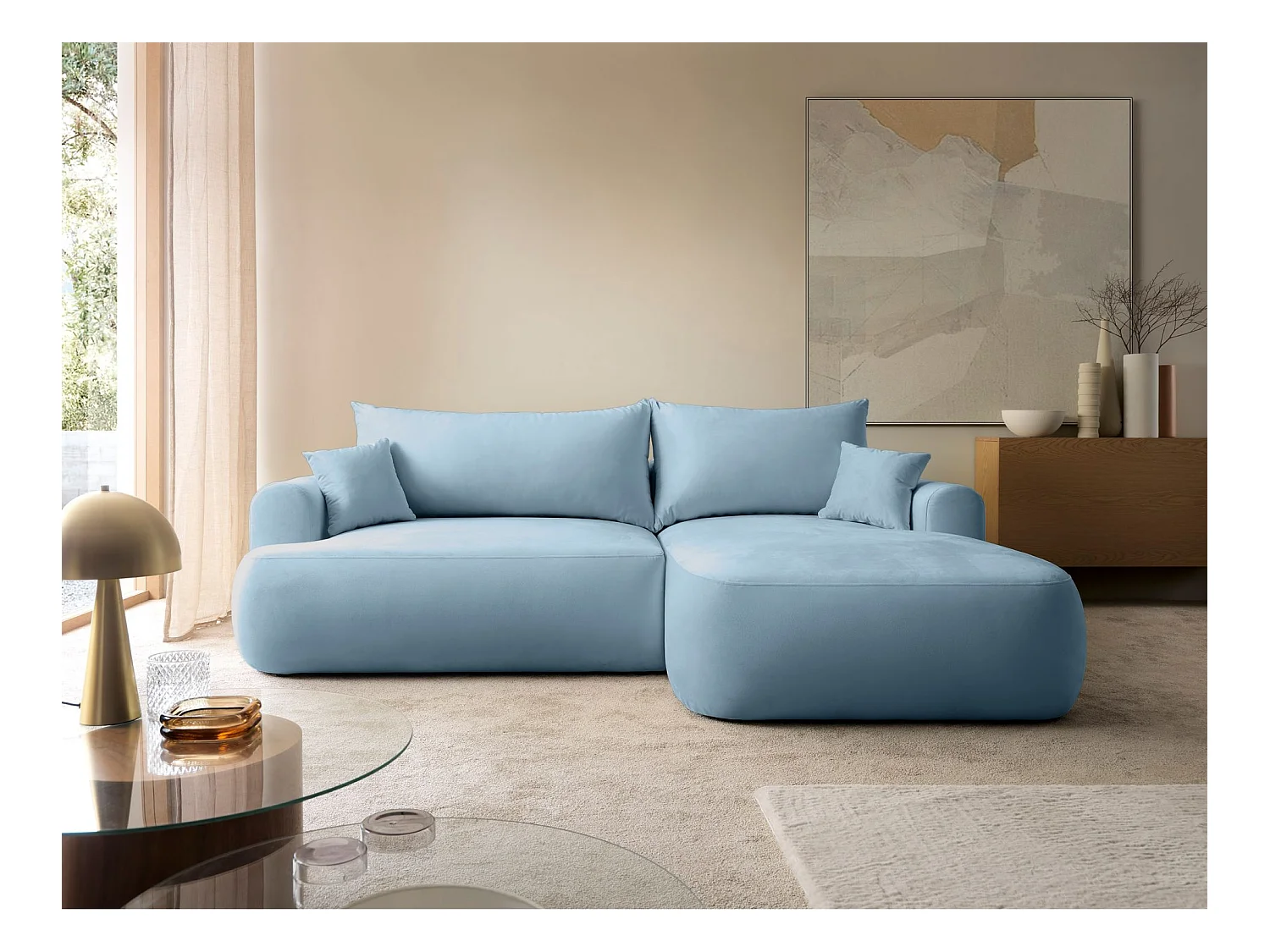 Canapé d'angle convertible -velours bleu- côté droit - OVO L