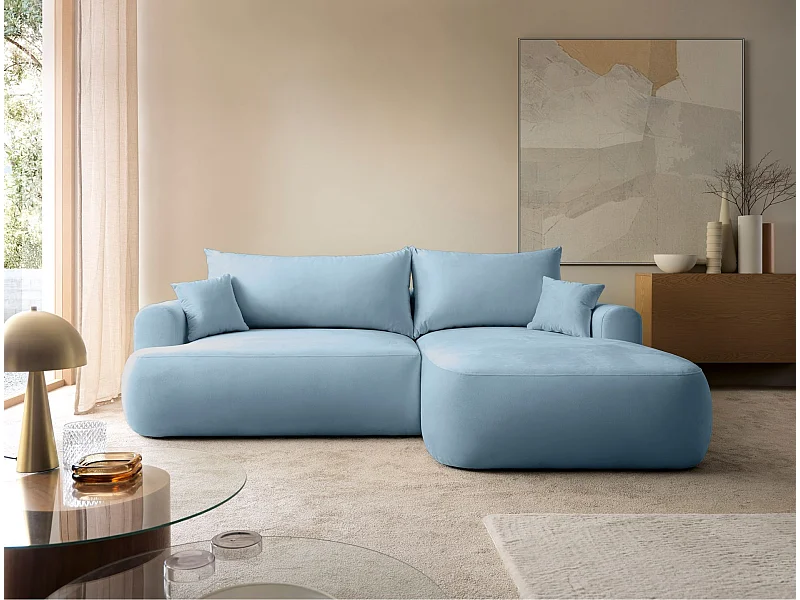 Ecksofa mit Schlaffunktion, Stauraum und Samtbezug - hellblau - rechts - OVO