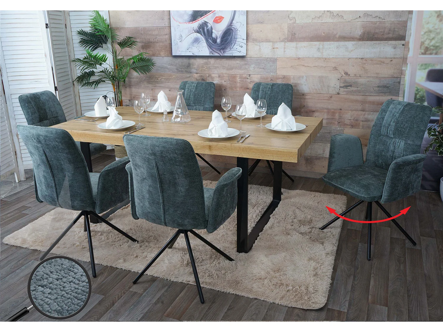 Set 6 sedie sala pranzo MCW-N99, braccioli posizionamento automatico, stoffa/tessuto ciniglia (340g/m²) ~ blu-verde