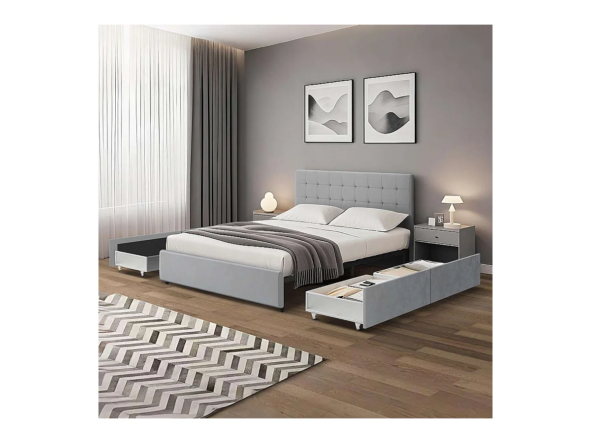 Lit tiroirs tête de lit capitonnée – grand couchage 160x200 cm – velours gris - sommier inclus - ELLIE
