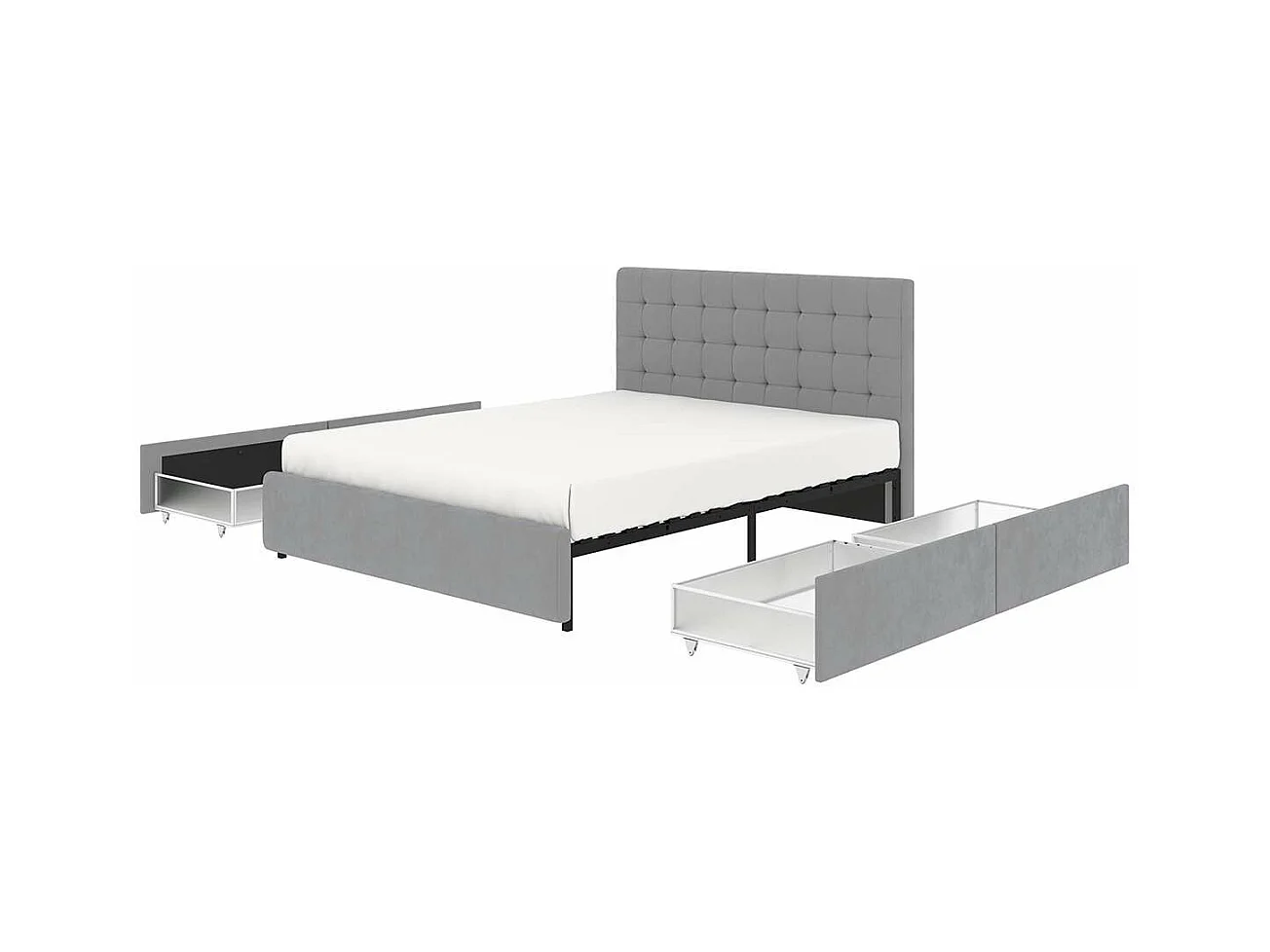 Lit tiroirs tête de lit capitonnée – grand couchage 160x200 cm – velours gris - sommier inclus - ELLIE