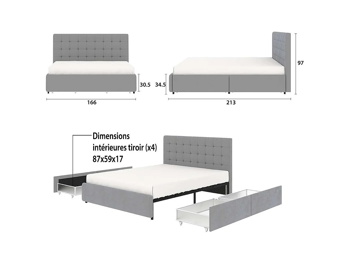 Lit tiroirs tête de lit capitonnée – grand couchage 160x200 cm – velours gris - sommier inclus - ELLIE