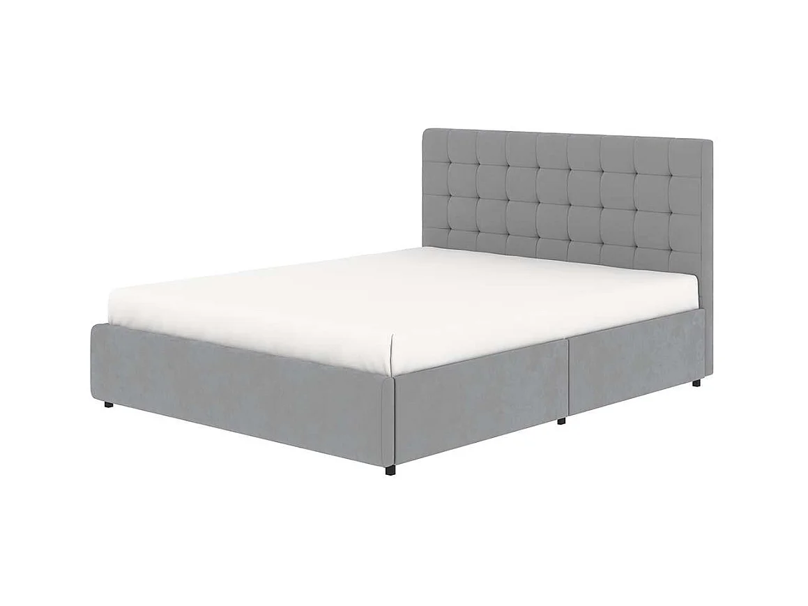 Lit tiroirs tête de lit capitonnée – grand couchage 160x200 cm – velours gris - sommier inclus - ELLIE