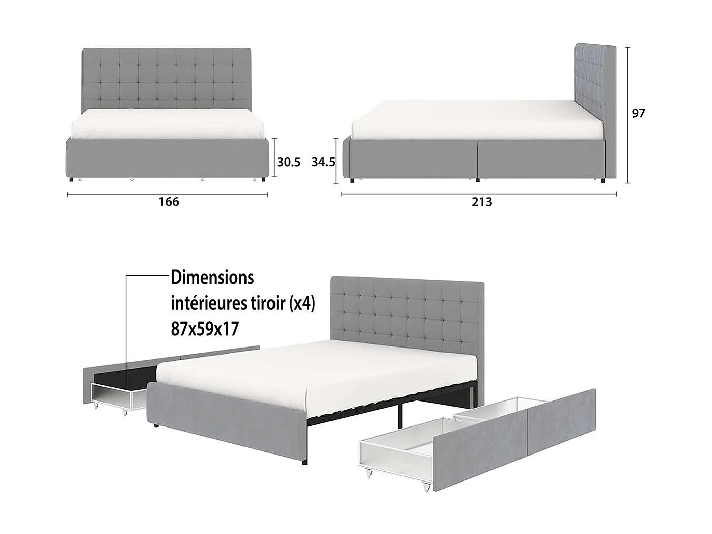 Lit tiroirs tête de lit capitonnée – grand couchage 160x200 cm – velours gris - sommier inclus - ELLIE