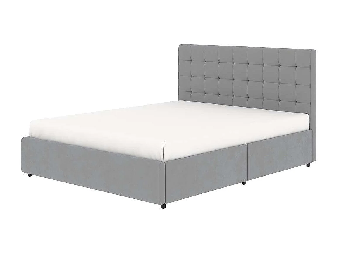 Lit tiroirs tête de lit capitonnée – grand couchage 160x200 cm – velours gris - sommier inclus - ELLIE