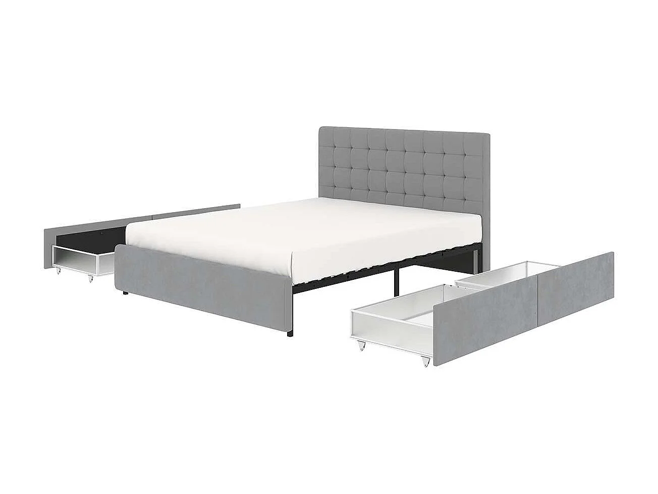 Letto con cassetti e testiera trapuntata – rete 160x200 cm – velluto grigio – rete inclusa – ELLIE