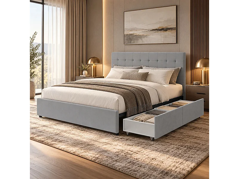 Cama com gavetas e cabeceira estofada – área de dormir grande 160x200 cm – veludo cinza - estrado incluído - ELLIE