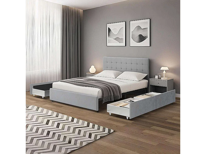 Lit tiroirs tête de lit capitonnée – grand couchage 160x200 cm – velours gris - sommier inclus - ELLIE
