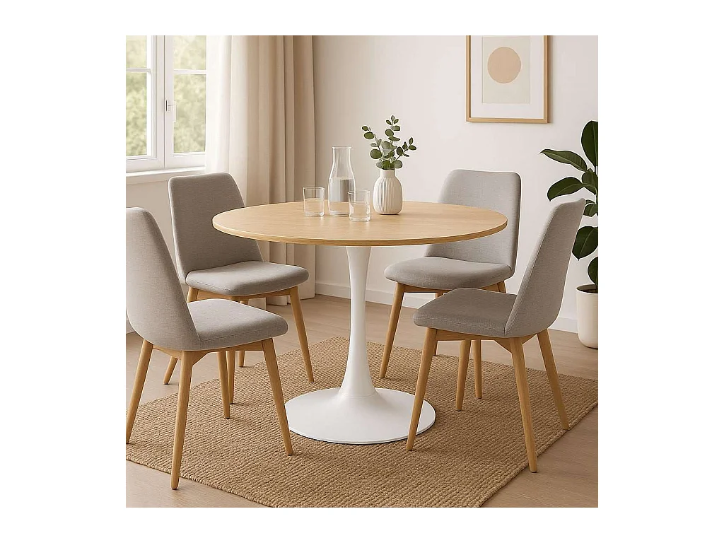 Table à manger ronde pour 4 à 5 personnes diamètre 100 cm, finition mélamine imitation chêne, base ronde en métal blanc - TULIPS