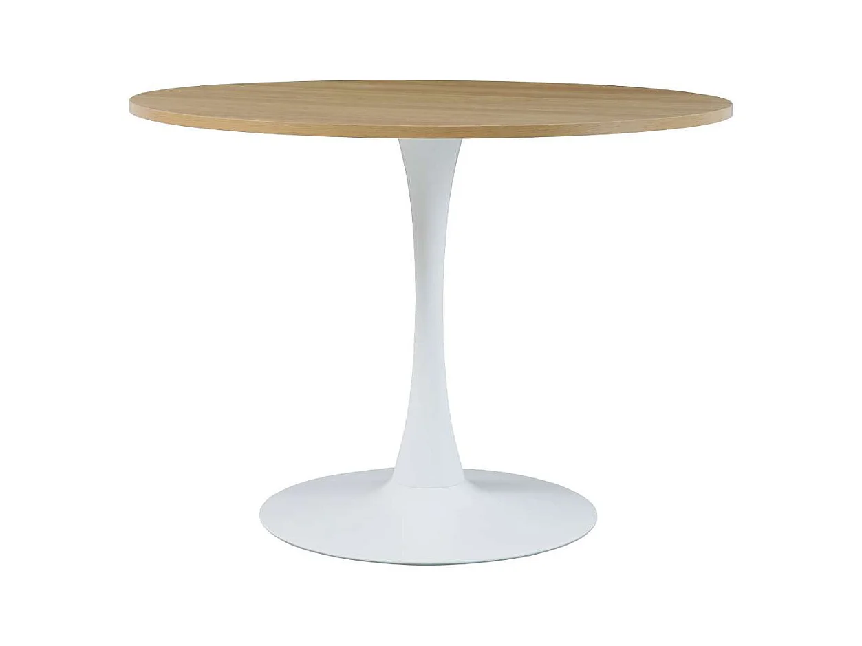 Table à manger ronde pour 4 à 5 personnes diamètre 100 cm, finition mélamine imitation chêne, base ronde en métal blanc - TULIPS