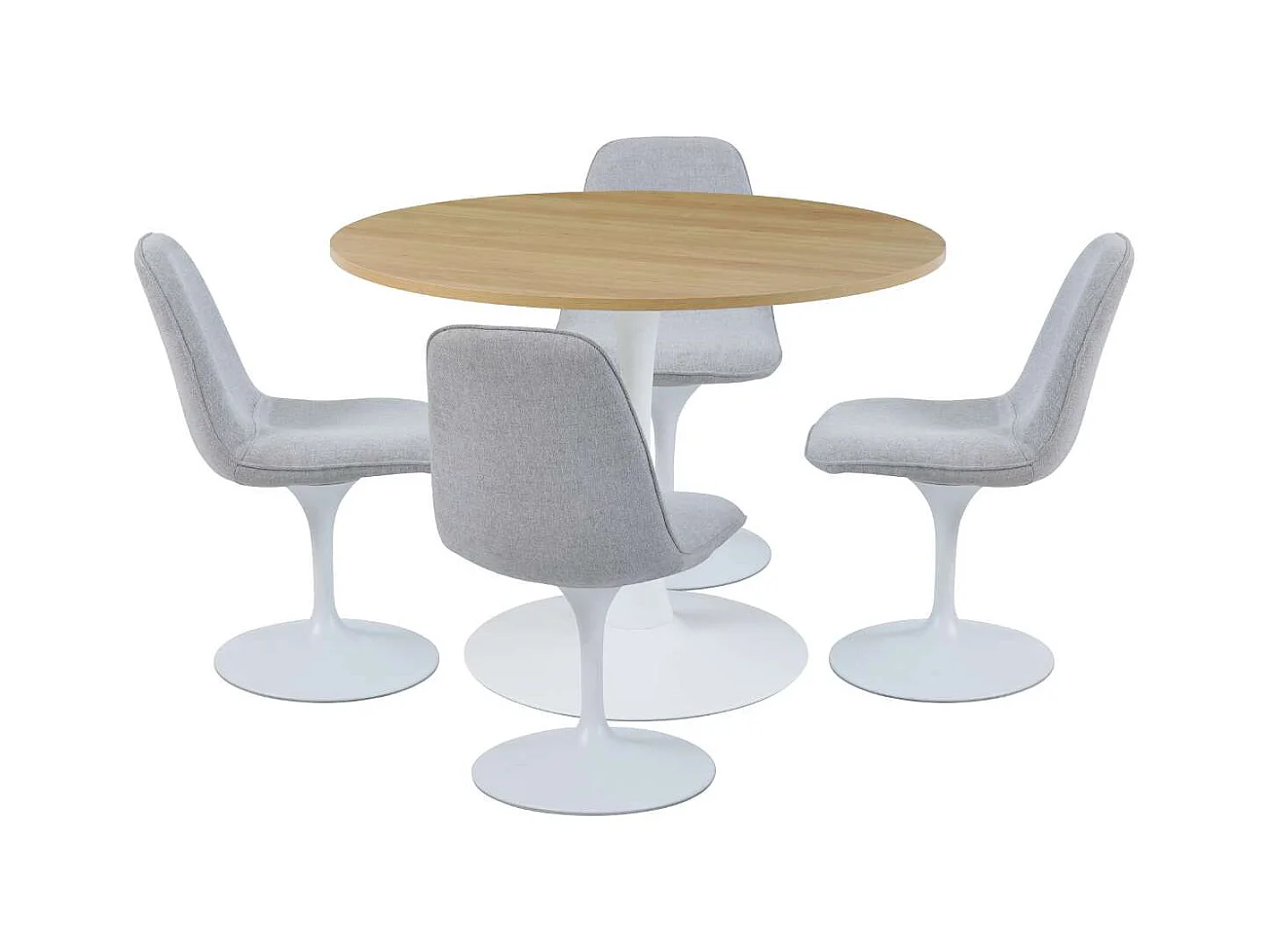 Table à manger ronde pour 4 à 5 personnes diamètre 100 cm, finition mélamine imitation chêne, base ronde en métal blanc - TULIPS