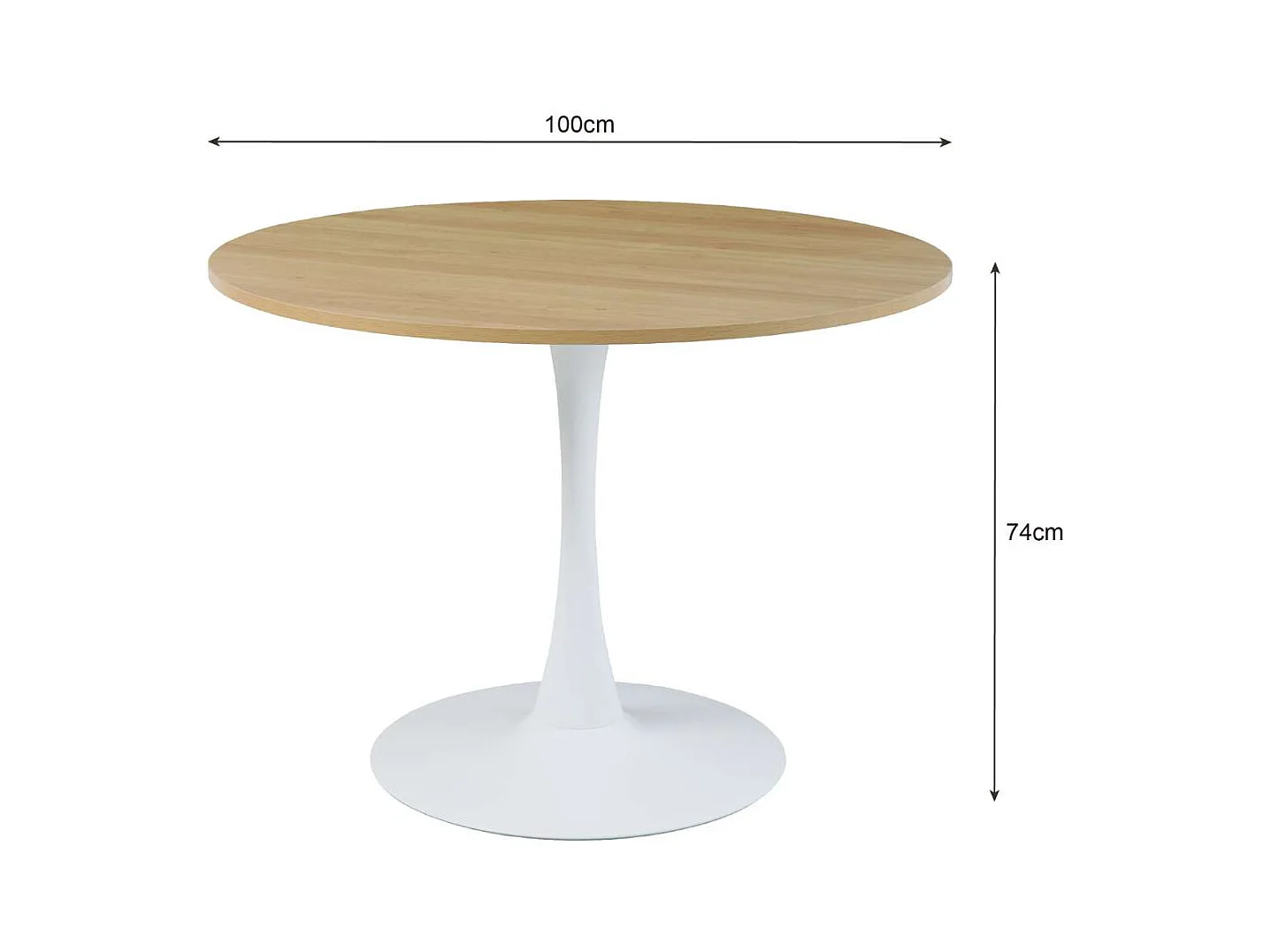 Table à manger ronde pour 4 à 5 personnes diamètre 100 cm, finition mélamine imitation chêne, base ronde en métal blanc - TULIPS