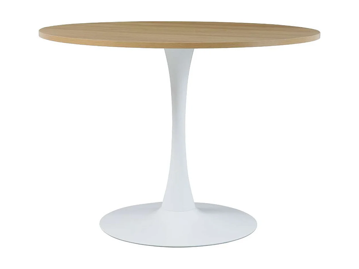 Table à manger ronde pour 4 à 5 personnes diamètre 100 cm, finition mélamine imitation chêne, base ronde en métal blanc - TULIPS