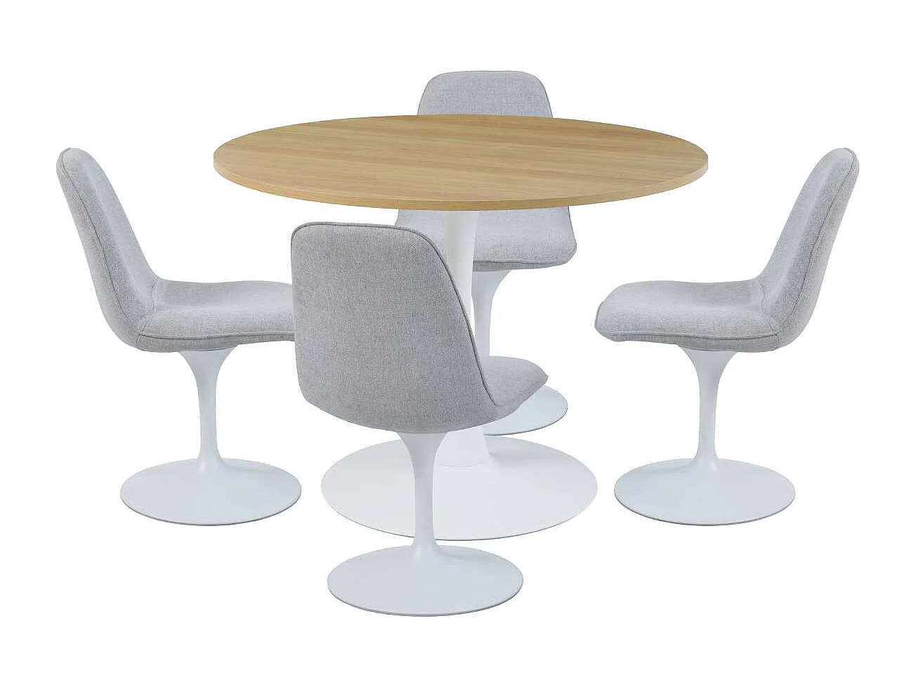 Table à manger ronde pour 4 à 5 personnes diamètre 100 cm, finition mélamine imitation chêne, base ronde en métal blanc - TULIPS