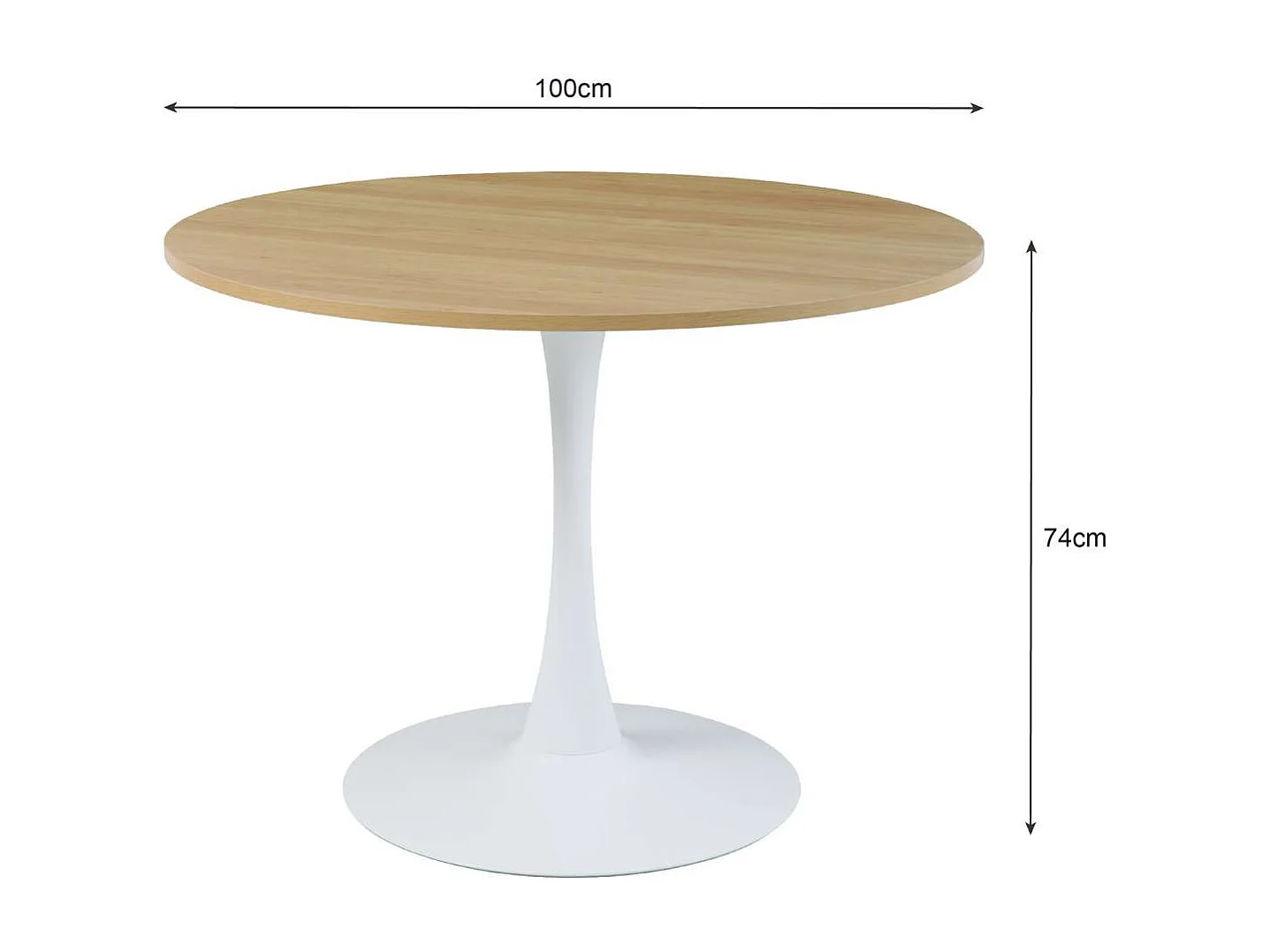 Table à manger ronde pour 4 à 5 personnes diamètre 100 cm, finition mélamine imitation chêne, base ronde en métal blanc - TULIPS