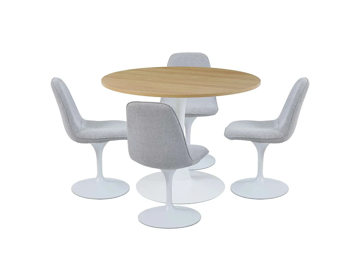 Table à manger ronde pour 4 à 5 personnes diamètre 100 cm, finition mélamine imitation chêne, base ronde en métal blanc - TULIPS