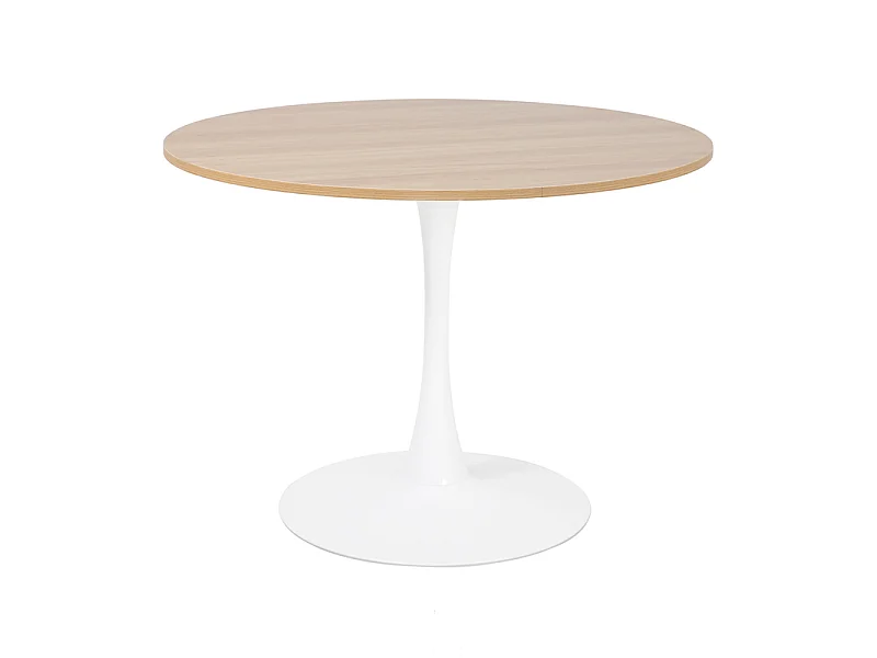 Table à manger ronde pour 4 à 5 personnes diamètre 100 cm, finition mélamine imitation chêne, base ronde en métal blanc - TULIPS