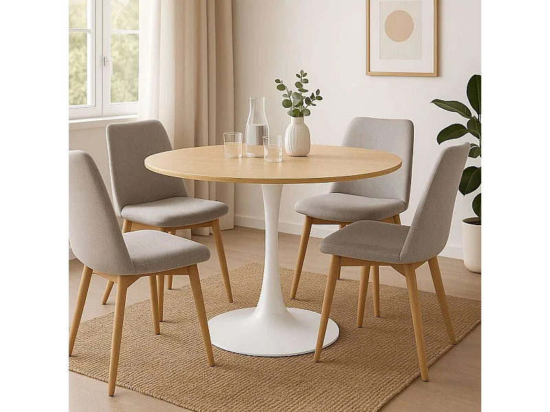 Ronde eettafel voor 4 tot 5 personen, diameter 100 cm, melamine afwerking in eikenlook, ronde witte metalen voet - TULIPS