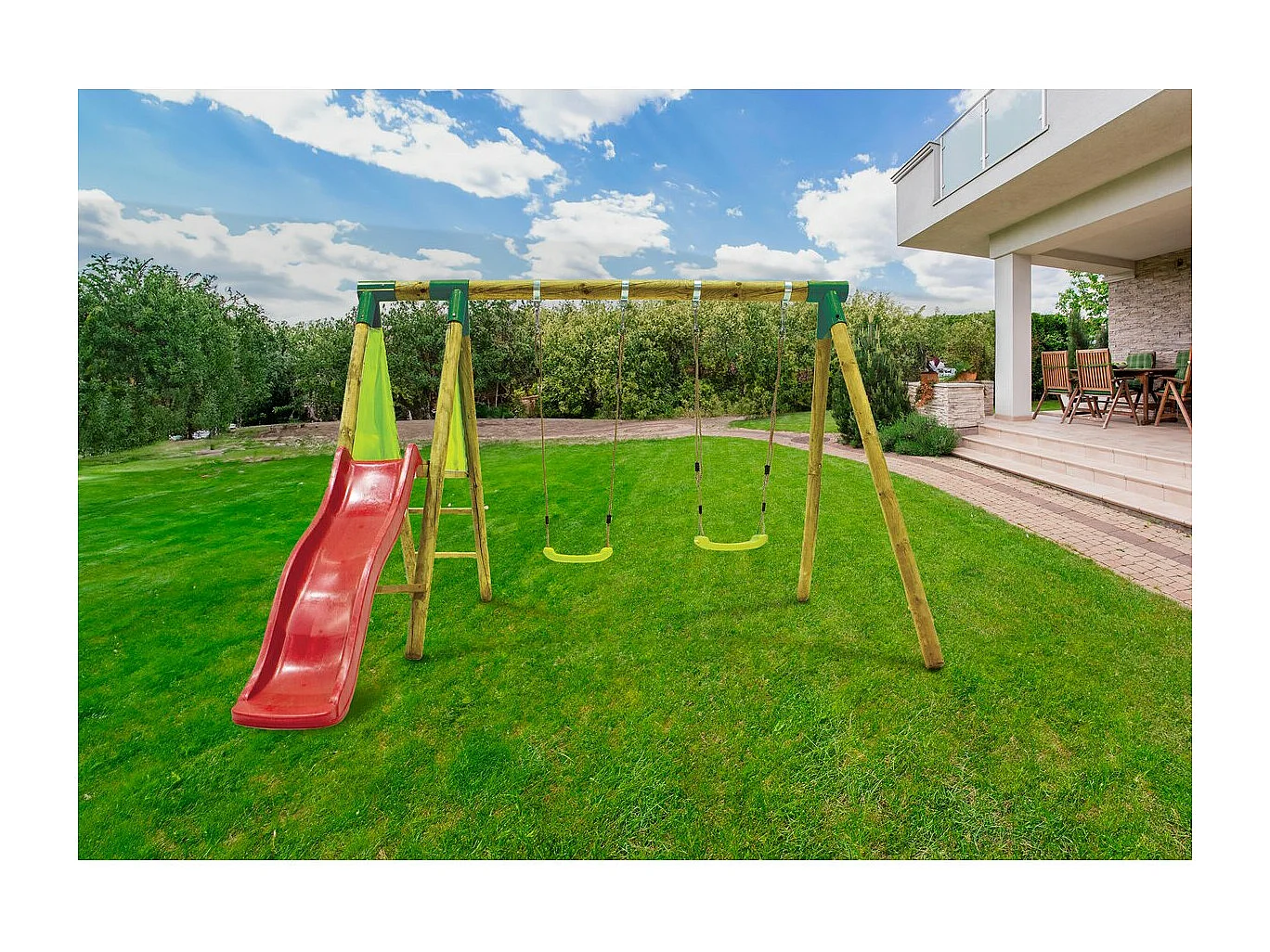 Portique en bois "Balanga" - Avec 1 Toboggan et 2 Balançoires.