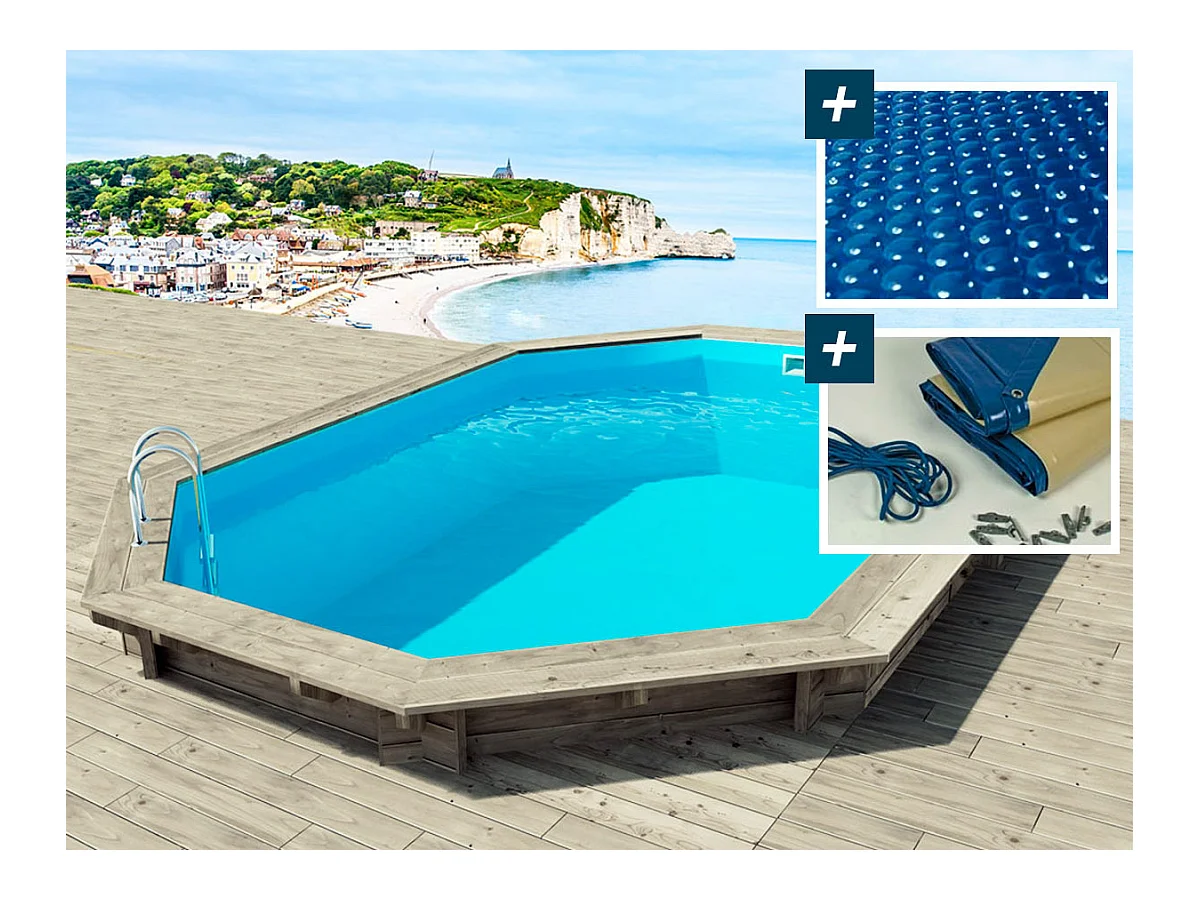 Piscine bois " Brazilia 132 "  5.86 x 3.86 x 1.32 m - Bâche à bulles 180 µ - Bâche hiver 280 g/m²