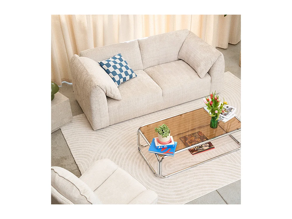 Logan - Canapé 3 places accoudoirs relevables avec tablette en tissu chenille - Ecru