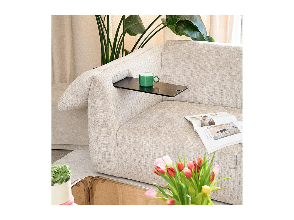 Logan - Canapé 3 places accoudoirs relevables avec tablette en tissu chenille - Ecru