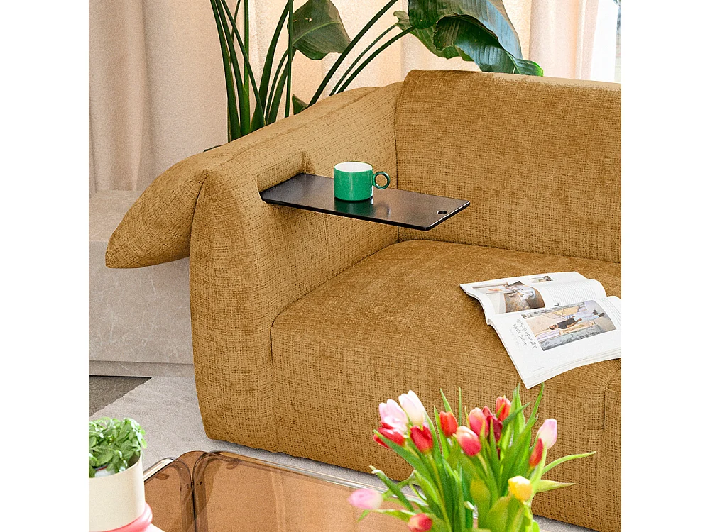 Logan - Canapé 3 places accoudoirs relevables avec tablette en tissu chenille - Bronze