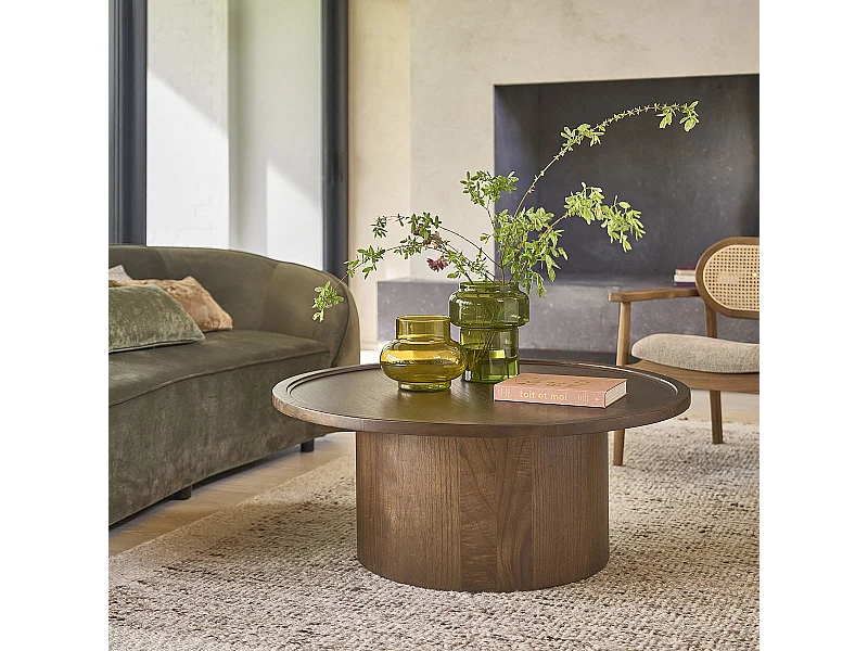 Table basse ronde en mindi massif finition noyer 100 cm