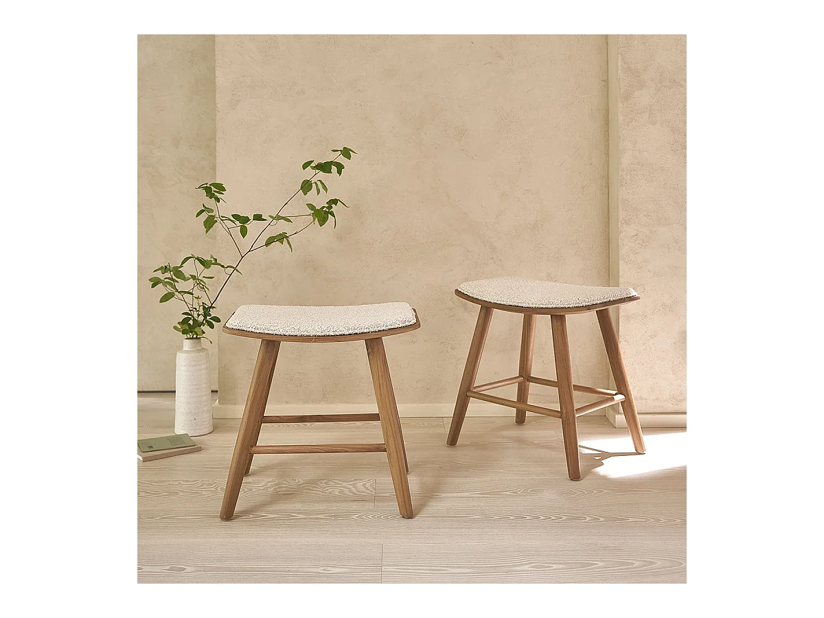 Lot de 2 tabourets en teck massif et tissu bouclette 45 cm