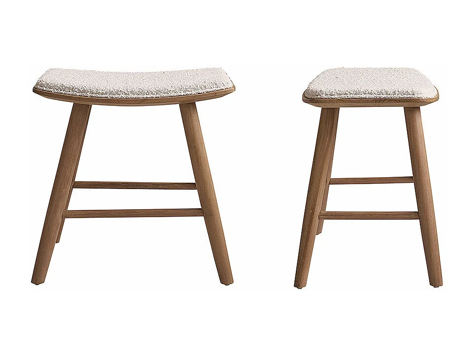 Set di 2 sgabelli in teak massello e tessuto bouclé, 45 cm