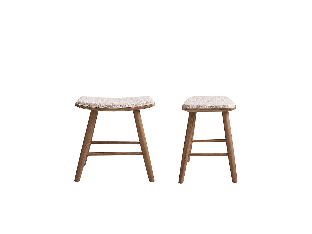 Set di 2 sgabelli in teak massello e tessuto bouclé, 45 cm