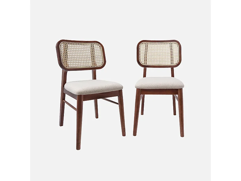 Set di 2 sedie vintage legno di hevea intrecciatura e bouclé, marrone