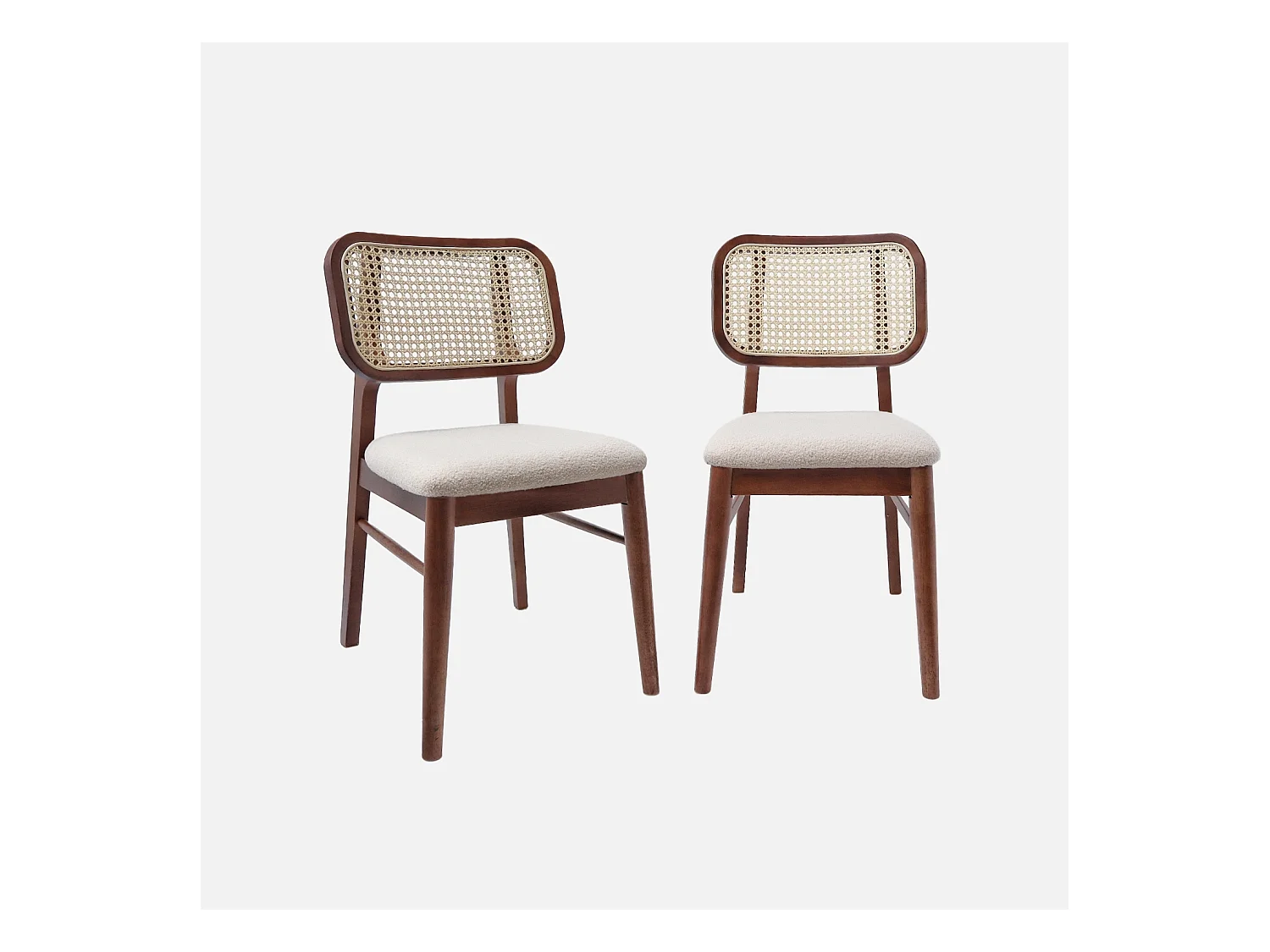 Set di 2 sedie vintage legno di hevea intrecciatura e bouclé, marrone