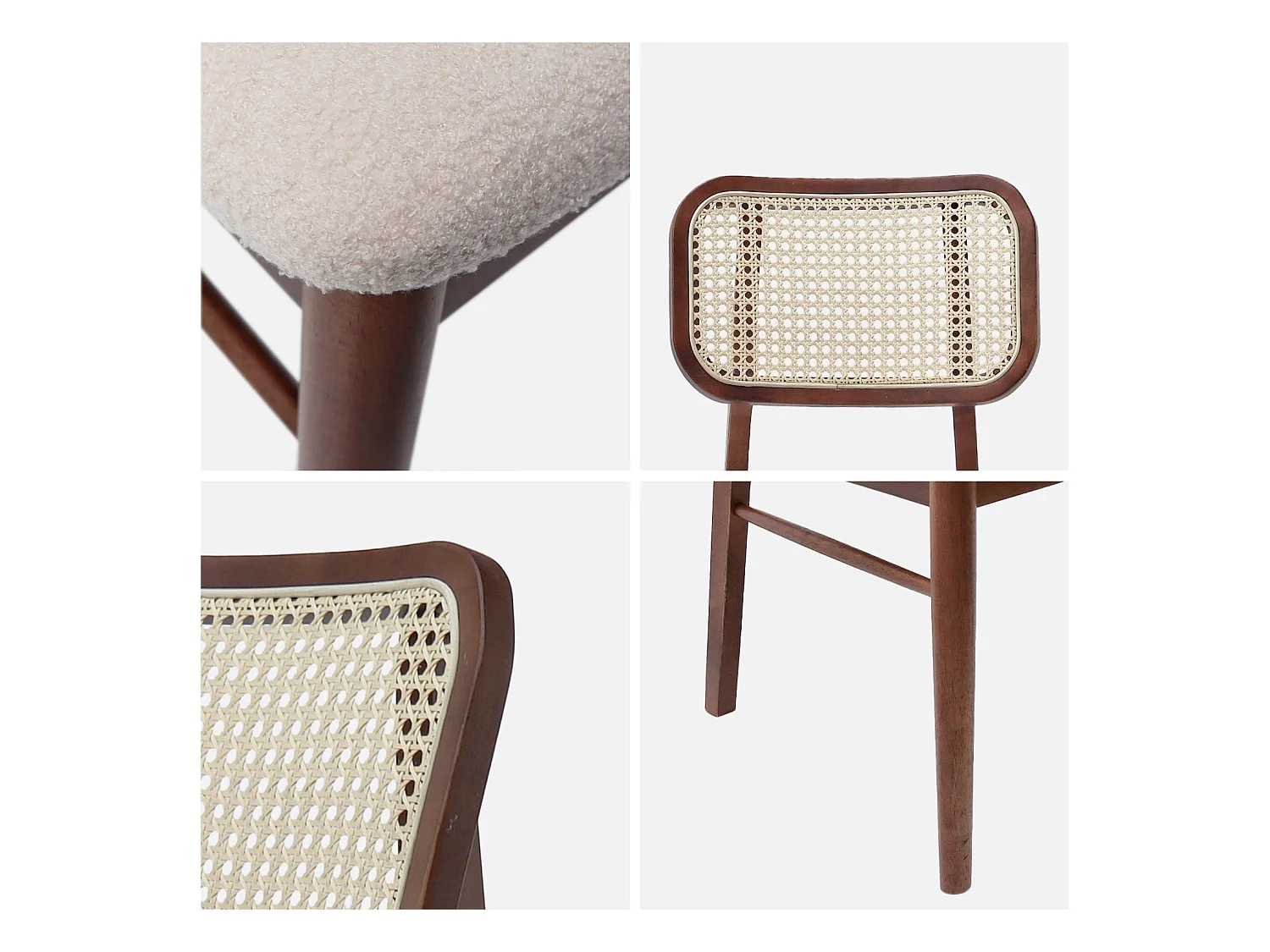 Set di 2 sedie vintage legno di hevea intrecciatura e bouclé, marrone